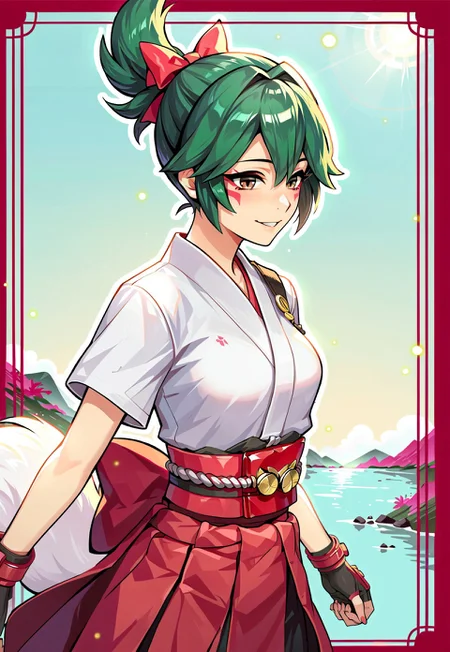score_9, score_8_up, score_7_up, score_6_up, 8k, highest quality, high detail, masterpiece, best quality, beautiful lighting, (highest quality), source_anime, (best shadow), intricate details, ultra-detailed face, detailed eyes, perfect face, detailed eyes, anime, source_anime, (1female, kiriko_\(overwatch\) ,1girl,skirt,gloves,bow,brown eyes,short sleeves,hair bow,japanese clothes,green hair,fingerless gloves,kimono,anime,mask,red skirt,facial mark,hakama,hakama skirt,red gloves,white kimono,ninja,red hakama,facepaint,fox mask,topknot