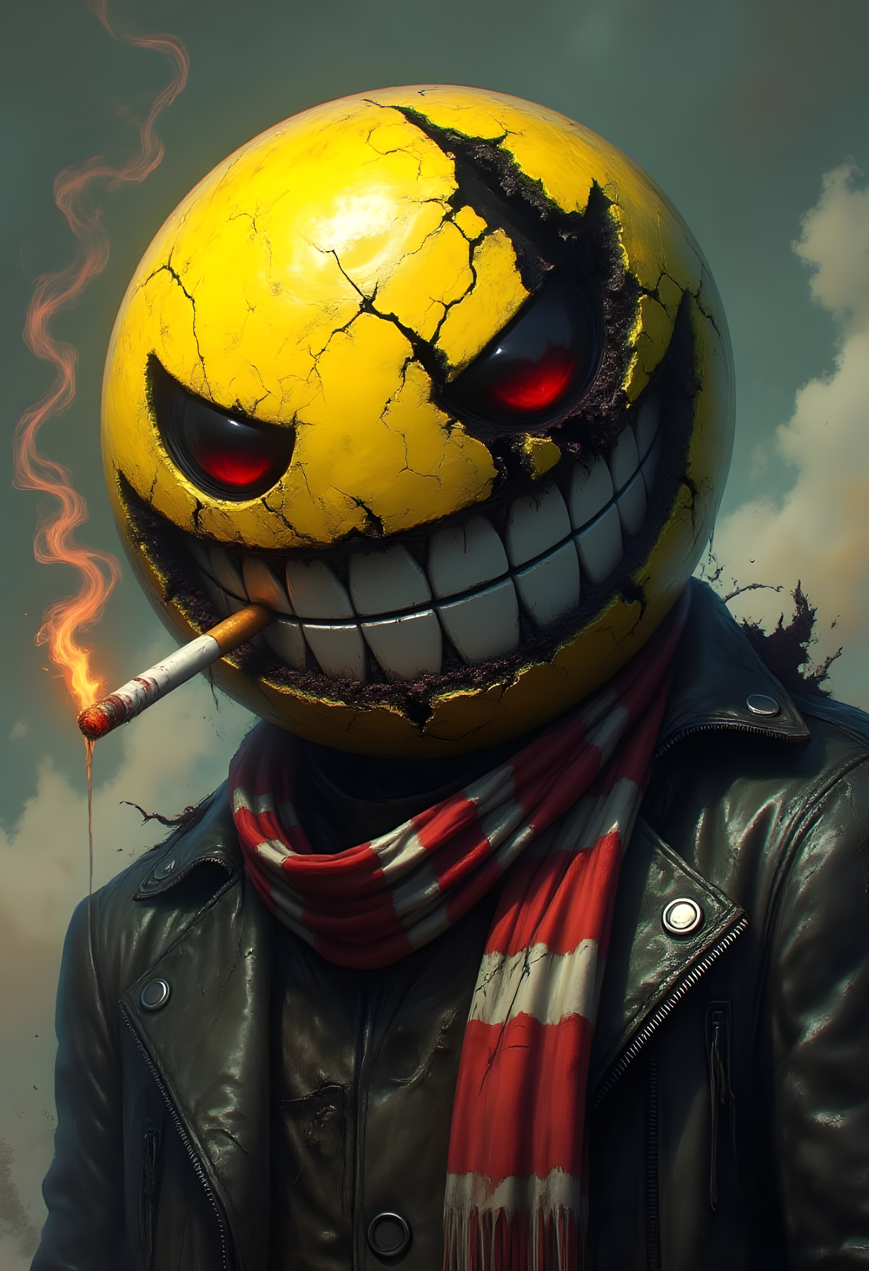 n1t3_du5t, The image is a highly detailed, digital artwork depicting a menacing, stylized, cracked yellow smiley face with an exaggerated, unsettling grin. The smiley face has a cracked, weathered surface with visible fissures and a torn, ragged edge on the right side. The eyes are completely closed except for a small slit, giving it an ominous appearance. The face is wearing a torn, ragged black jacket with a red and white striped scarf draped over its shoulders, hinting at a punk or rebellious theme. A cigarette hangs from its mouth, emitting a puff of smoke that drifts lazily upwards, with the tip glowing orange.
