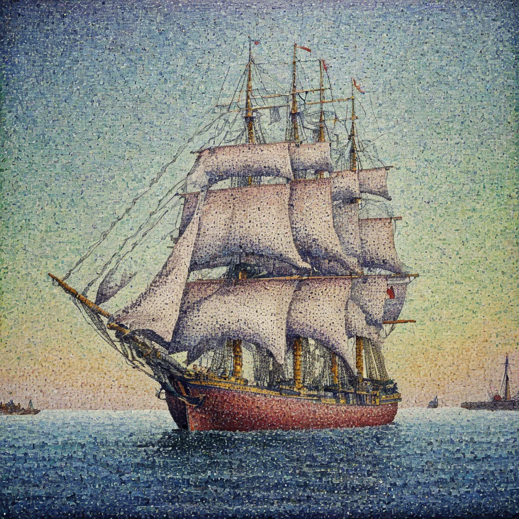 Realistic detailed of frigate by AH_Signac Pointillism dots <lora:Paul_Signac_Neo-Impressionist_dotted_paintings_Pointillism:0.7>