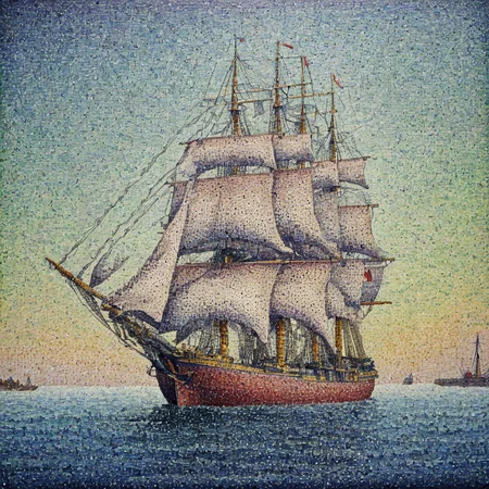Realistic detailed of frigate by AH_Signac Pointillism dots <lora:Paul_Signac_Neo-Impressionist_dotted_paintings_Pointillism:0.7>