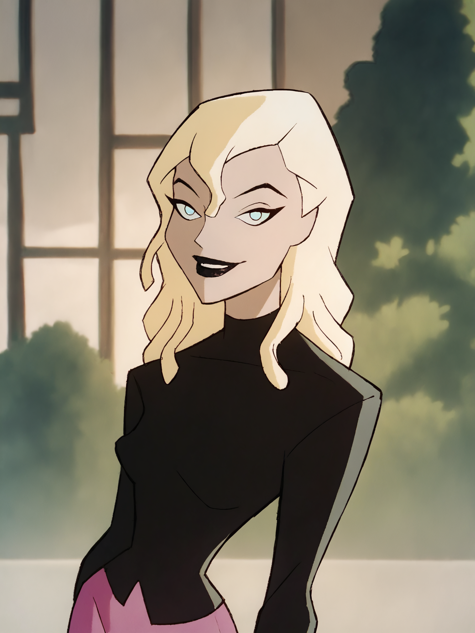 <lora:MelanieWalkerPony1.0:1> melaniew, blonde hair, 1girl, solo, long hair, black lipstick, pink skirt, black shirt, long sleeves,pink skirt,  upper body,looking at viewer, smile,  score_9, score_8_up, score_7_up, score_6_up, score_5_up, score_4_up
