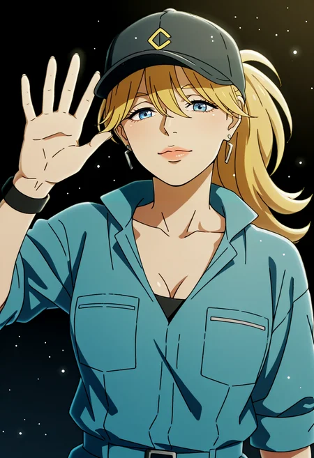 <lora:Gradient_Background:1> Gr_Back, Gradient Background, dark background,(upper body:1.4),female focus, magic light particles, waving at viewer, close up, high detail face,
cleaneroutfit2, 1girl, long blonde hair, bangs, messy hair, blue eyes, medium breast, cleavage, | baseball cap, black cap, | jumpsuit, blue jumpsuit, collared, v-neck, black belt, black buckle, black undershirt, short sleeves (rolled up), chest pockets,| black wristband, earrings <lora:Christine_Lazarus _IL:1>