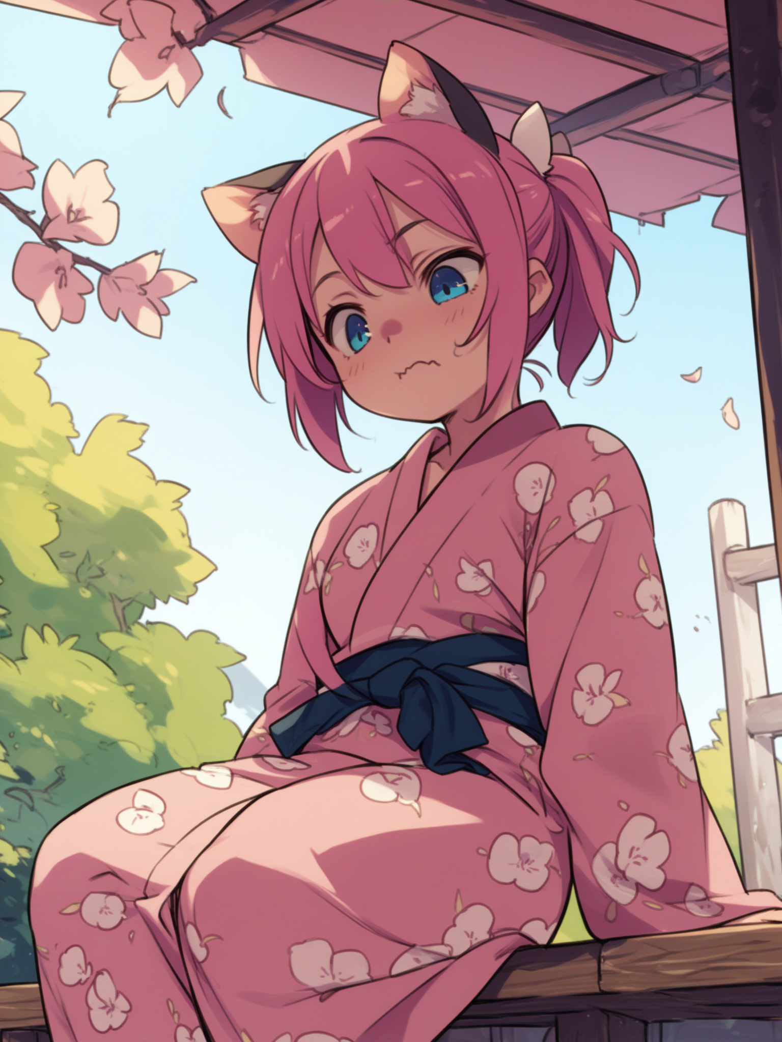 <lora:happy_tentacle-necomimi-v0.2-000028:1>, ht_necomimi, pink hair, animal ears, yukata, outdoors , 1girl, solo, portrait , , ((wavy mouth:0.8) :1.1), , looking down , sitting , facing viewer , score_9, score_8_up, score_7_up, score_6_up, score_5_up, score_4_up