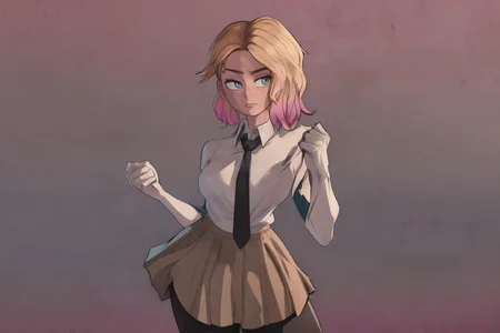 gwen, 1girl, black legwear, black necktie, blue skirt, breasts, collared shirt, cowboy shot, gradient, gradient background, looking at viewer, medium breasts, multicolored hair, necktie, pantyhose, pleated skirt, shirt, short hair, skirt, solo, standing, white shirt, white background, clear background, <lora:SVerse_Gwen-DEF:0.8>
