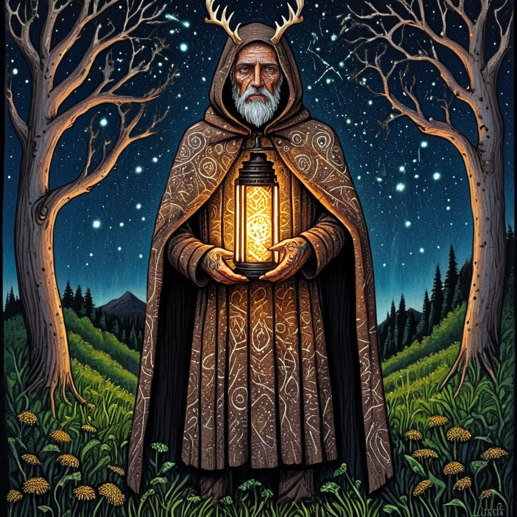 <lora:Neo-Folk_VisionarySDXL:1> ArsMJStyle, Neo-Folk Visionary, Neo-Folk Visionary digital painting, highly detailed, a full-body portrait of a wandering sage standing in an overgrown meadow at twilight. Their attire blends ancient craftsmanship and mystical futurism: a cloak woven from bioluminescent plant fibers and rusted copper threads, draped over a tunic stitched with sacred geometry patterns that shimmer like starlight. Their hands, weathered and tattooed with holographic ink depicting celestial constellations, cradle a lantern carved from petrified wood, its core glowing with a warm, amber pulse that illuminates floating spores in the air. A crown of antlers fused with crystalline growths arcs above their head, refracting prismatic beams onto their face, which bears faint, luminous glyphs that shift like living tattoos. Around them, the meadow teems with hybrid floraâmechanical dandelions releasing glowing seeds, vines entwined with archaic circuitry, and stone monoliths etched with half-faded runes that hum with latent energy. Their eyes, one earthy brown and the other a synthetic silver, gaze into the horizon where the sky melts into a tapestry of auroras and drifting, geometric spirits.