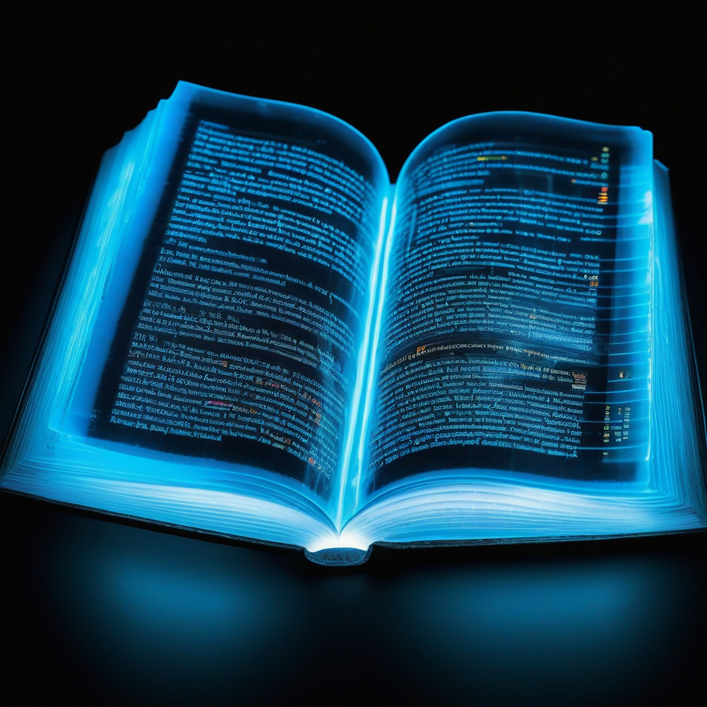 realism photo of a translucent, transparent, clear, thick dictionary book made of glowing acrylic gel, incredible vibrant iridescent colors, heatmap, infrared, sharp fantastic realism magical hyper detailed internal led lighting, shining reflective black glass background, flawless clarity, deep glow, dramatic high contrast