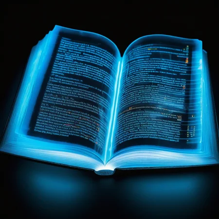 realism photo of a translucent, transparent, clear, thick dictionary book made of glowing acrylic gel, incredible vibrant iridescent colors, heatmap, infrared, sharp fantastic realism magical hyper detailed internal led lighting, shining reflective black glass background, flawless clarity, deep glow, dramatic high contrast