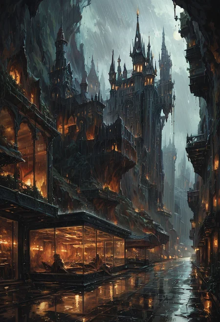 score_9, score_8_up, score_7_up, a fantasy city built within a vast cave, sleek glass buildings, elegant walkways between towers, illustration, raining, dark and moody lighting, digital art, oil painting, fantasy, 8 k, trending on artstation, detailed