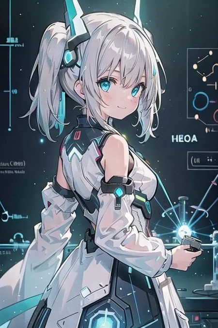 (masterpiece), (science fiction:1.4), 1girl, her back turned, smile, silver hair, aqua eyes, headgear, long sleeves, detached sleeves, glowing energy clothing, light particles