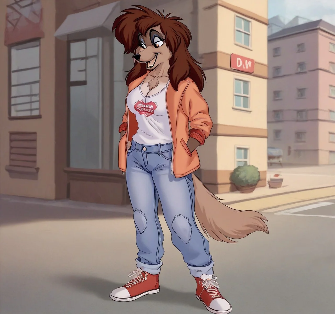 score_9,score_8,score_7,source_furry,
rita_oliver, rita_saluki, saluki, 1girl, solo, breasts, pants, shirt, furry female, brown hair, furry, jacket, long hair, cleavage, open clothes, bangs, denim, teeth, standing, body fur, animal ears, smile, tail, outdoors, collarbone, brown fur, open jacket, watermark, medium breasts, artist name, shoes, snout, sidelocks, animal nose, happy, full body, brown eyes, retro artstyle, open mouth, two-tone fur, anthro, furrification, anthro dog,
<lora:Rita_Oliver:1> rita_oliver,