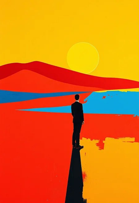 A sharply dressed man standing alone in a vast, flat, brightly colored landscape, his black-and-white figure contrasting starkly against the vivid abstraction of rolling red hills and a golden sun.
minimalist abstract landscape with bold geometric color fields, vibrant warm yellows, deep blues, and rich reds, flattened perspective with simple expressive brushstrokes, meditative composition with poetic emotional depth