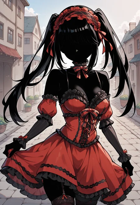 masterpiece, best quality, newest, absurdres, highres, colored skin, black skin, (black hair, silhouette:1.5), no eyes, faceless, no highlights, <lora:Shadows_illusXLNoobAI_Incrs_v1.2-000012:1>, 1girl, outdoors, solo, tokisaki kurumi, long hair, uneven twintails, hairband, red dress, bare shoulders, collarbone, striped bow, frills, detached sleeves, frilled choker, black thighhighs, garter straps,