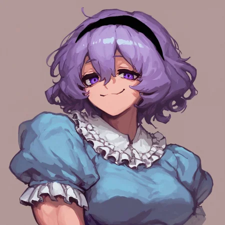 satori, mature female, looking at viewer, black hairband, light purple hair, medium hair, hair between eyes, bangs, wolf cut, purple eyes, tareme, (frayed hair, messy hair:0.6) tired, bags under eyes, smile, (muscular female, veins:0.5) wide hips, (white frilled shirt collar:1.1), blue shirt, pink skirt, rose pattern, medium breasts, (masterpiece, score_9, score_8_up, score_8:1.3), single view, cowboy shot, black wristbands, (from side, from below:0.5)