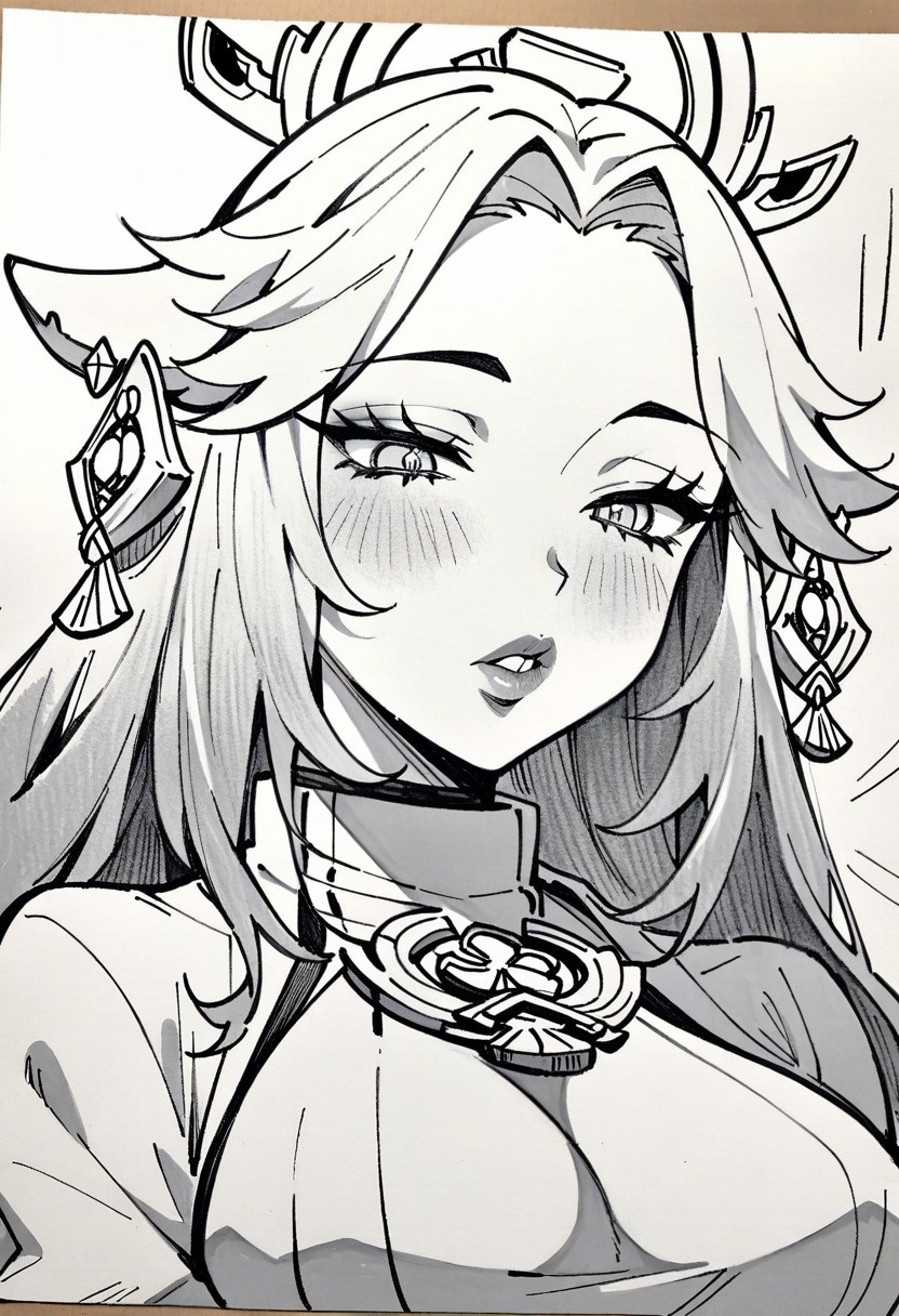 (masterpiece), (best quality), (ultra-detailed), 
1girl, solo,  gorgeous lips, an elegant face, 
light particle, particle, shadow,  
Demon Slayer, Kimetsu no Yaiba, Nezuko, detailed lips , black detailed pupils, puffy lips, wide lips thick lips, big lips, large lips, parted clothes , open clothes, neckline ,  upper body ,  Genshin impact, Yae Miko,
simple background, background white sheet of paper, 
monochrome, greyscale, traditional media,  petting, drawn with pencil, sketch, detailed lines, 
sketch, manga page, manga style ,
pencil sketch style, soft shading, soft delicate features,  soft shadow on body