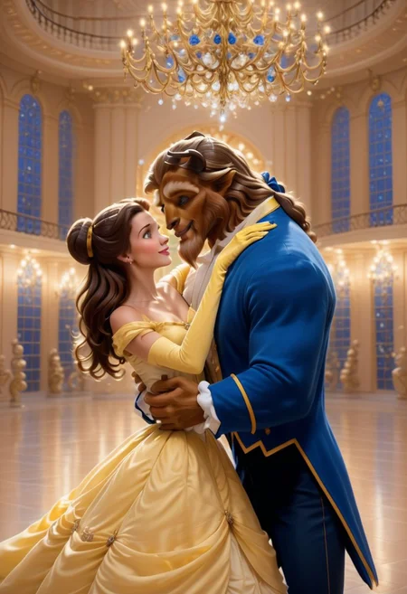1girl, 1man, original style,
Beautiful Belle, hugging TheBeast, short light princess dress, in ballroom, (ultra detailed cute face, perfect face, beautiful Belle:1.1), romance, hand on his cheek, looking at each other