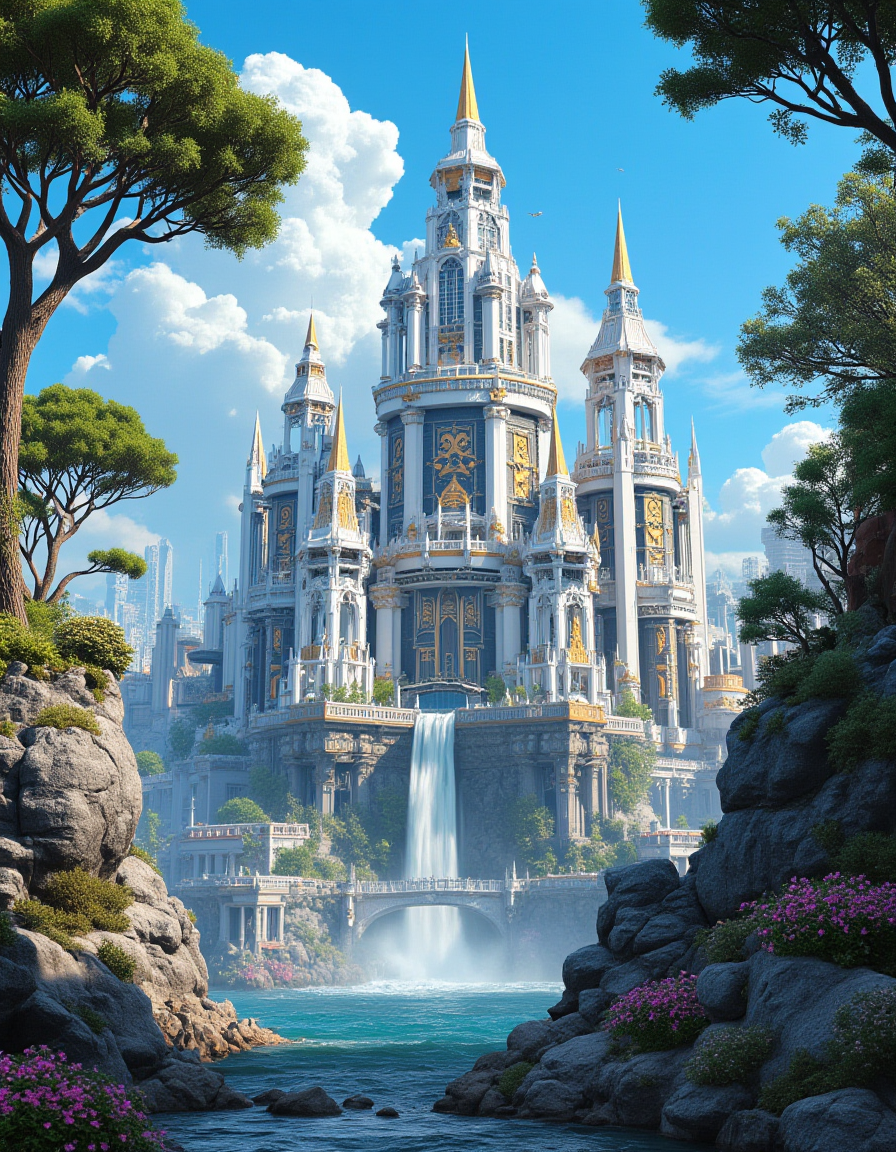 <lora:INWYTK_04flux:1> inwytk04, photo, day, blue sky, sunny, solarpunk cityscape, futuristic buildings, lots of vegetation, vegetation on buildings, fantasy, blue, white, gold, T7, black, T2, giant trees, waterfall, low buildings, medieval castle, baroque, flowers, sea, clif