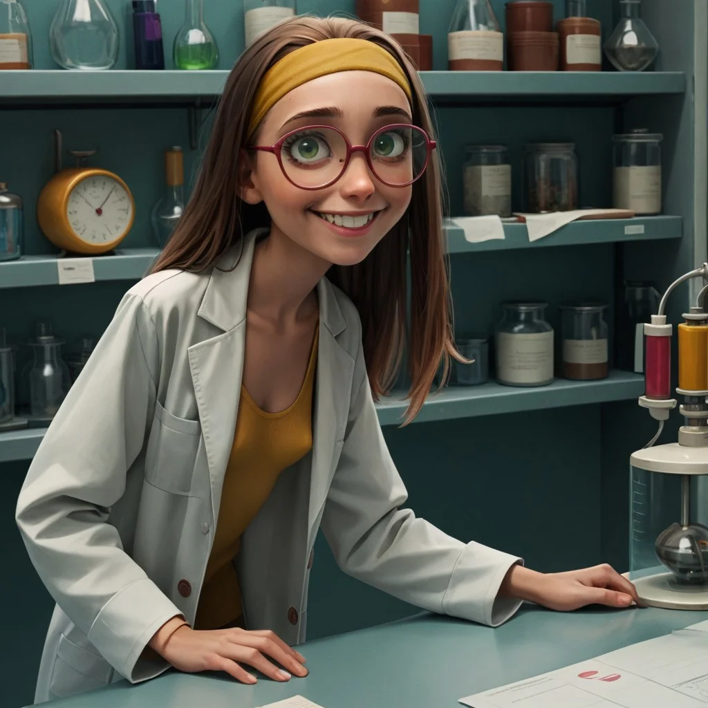score_9, score_8_up, score_7_up, score_6_up, score_5_up, score_4_up, 1girl, Hon_Lem, Glasses, smiling, open lab coat, small breasts, saggy breasts, green eyes, yellow headband, very loose shirt, bending over, facing viewer, cleavage,