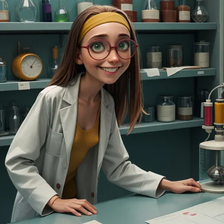 score_9, score_8_up, score_7_up, score_6_up, score_5_up, score_4_up, 1girl, Hon_Lem, Glasses, smiling, open lab coat, small breasts, saggy breasts, green eyes, yellow headband, very loose shirt, bending over, facing viewer, cleavage,
