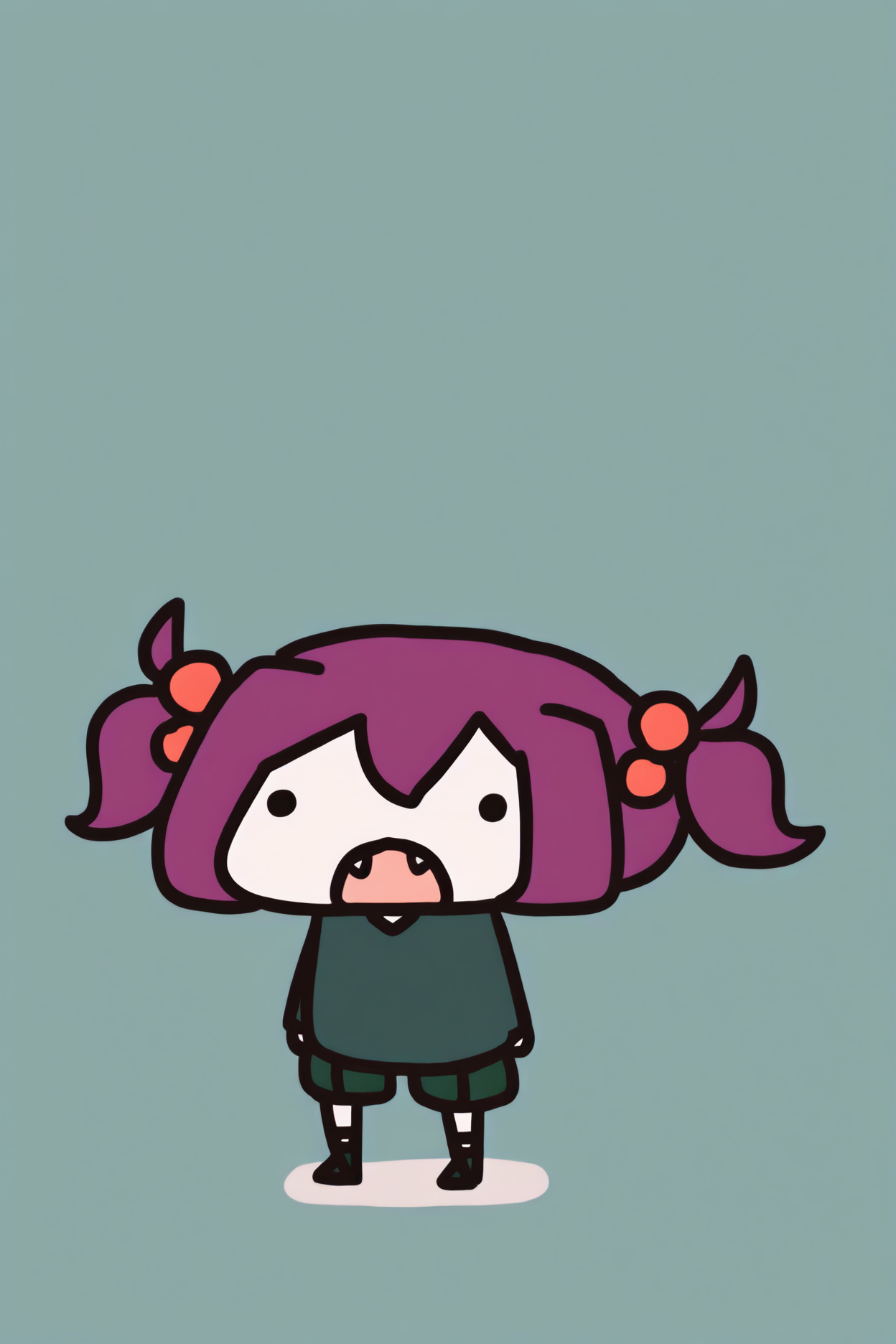 masterpiece, best quality, 1girl, solo, <lora:cavespider-illu-nvwls-v1-000005:1> mtcs, purple hair, short twintails, hair bobbles, green sweater, green shorts, short shorts, green boots, lace-up boots,  <lora:style_walfie_illustriousXL-GLoRA:1> chibi, dot eyes, simple background, open mouth, fangs