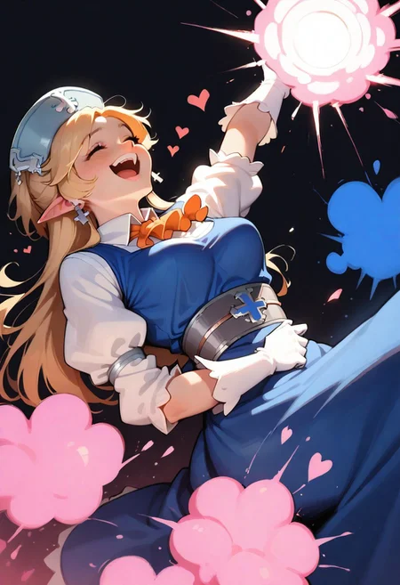 1girl, solo, yukaridef, hat, cross earrings, blue dress, orange ascot, white shirt, white gloves, holding grenade, laughing, leaning back, closed eyes, dark background, pink explosion, heart background, feet out of frame, three quater view, backlightling, masterpiece, best quality, very aesthetic, absurdres