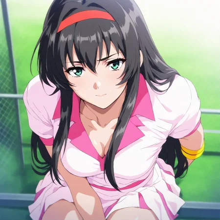 masterpiece,high score,great score,absurdres,solo,looking at viewer,tennis uniform,skirt,<lora:Yuuri_Himeno ag4o v1:1> yuuri_himeno, black hair, long hair, green eyes, hairband,