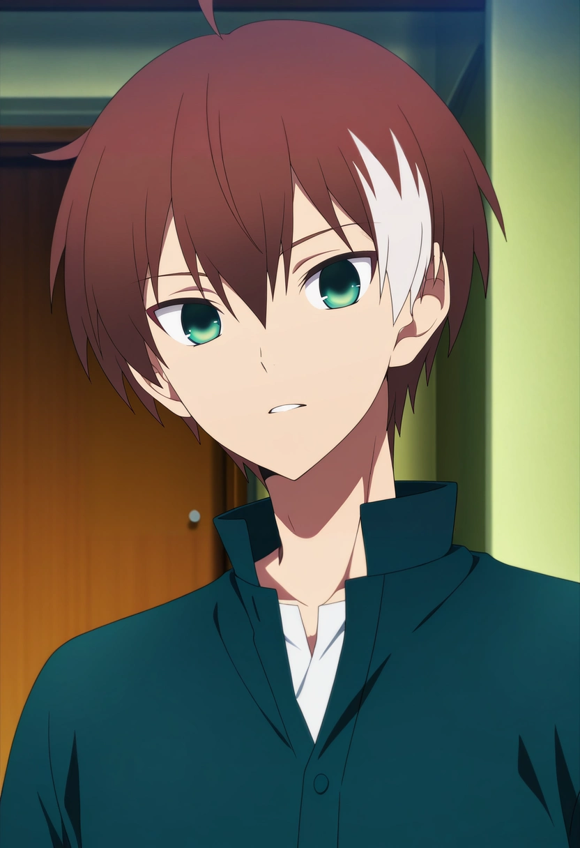 masterpiece, best quality, , anime screencap, anime coloring, official style, looking at viewer, 1boy, solo, male focus, <lora:akatsuki_iride_ilxl:0.94>, akatsuki_iride, brown hair, green eyes, short hair, ahoge, multicolored hair, two-tone hair, white hair, ,