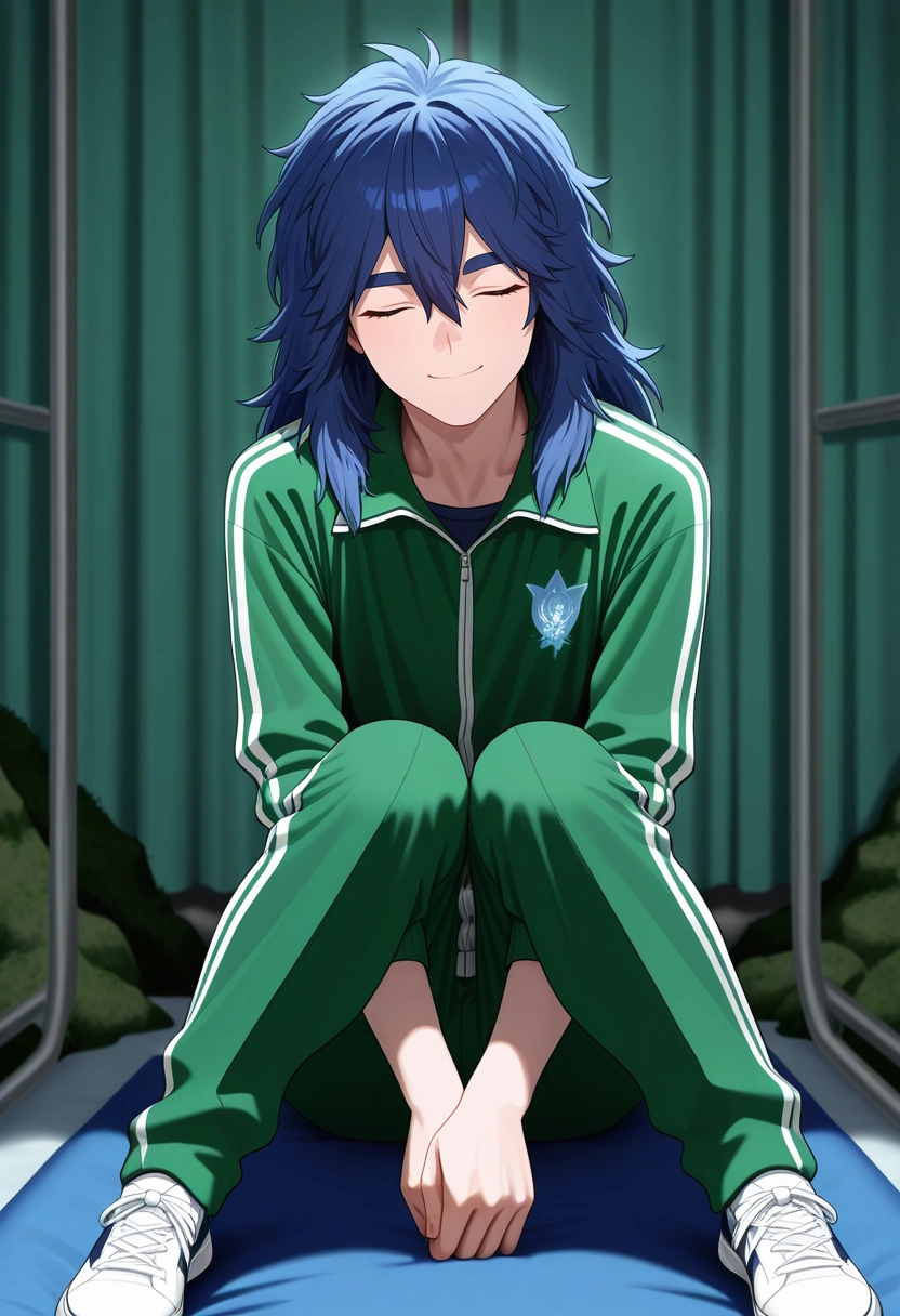 masterpiece, best quality, , (photorealistic:0.6), looking at viewer, 1boy, solo, male focus, <lora:yui_kemono_jihen_ilxl:0.98>, yui_kemono_jihen, blue hair, blue eyes, long hair, hair between eyes, bangs, thick eyebrows, , focused, hospital, dawn, knees together feet apart, (closed eyes:1.2), smile, Dark green Mosaic Slim-fit track pants, Pinstripe Moss Green Track jacket, High-top sneakers, , and