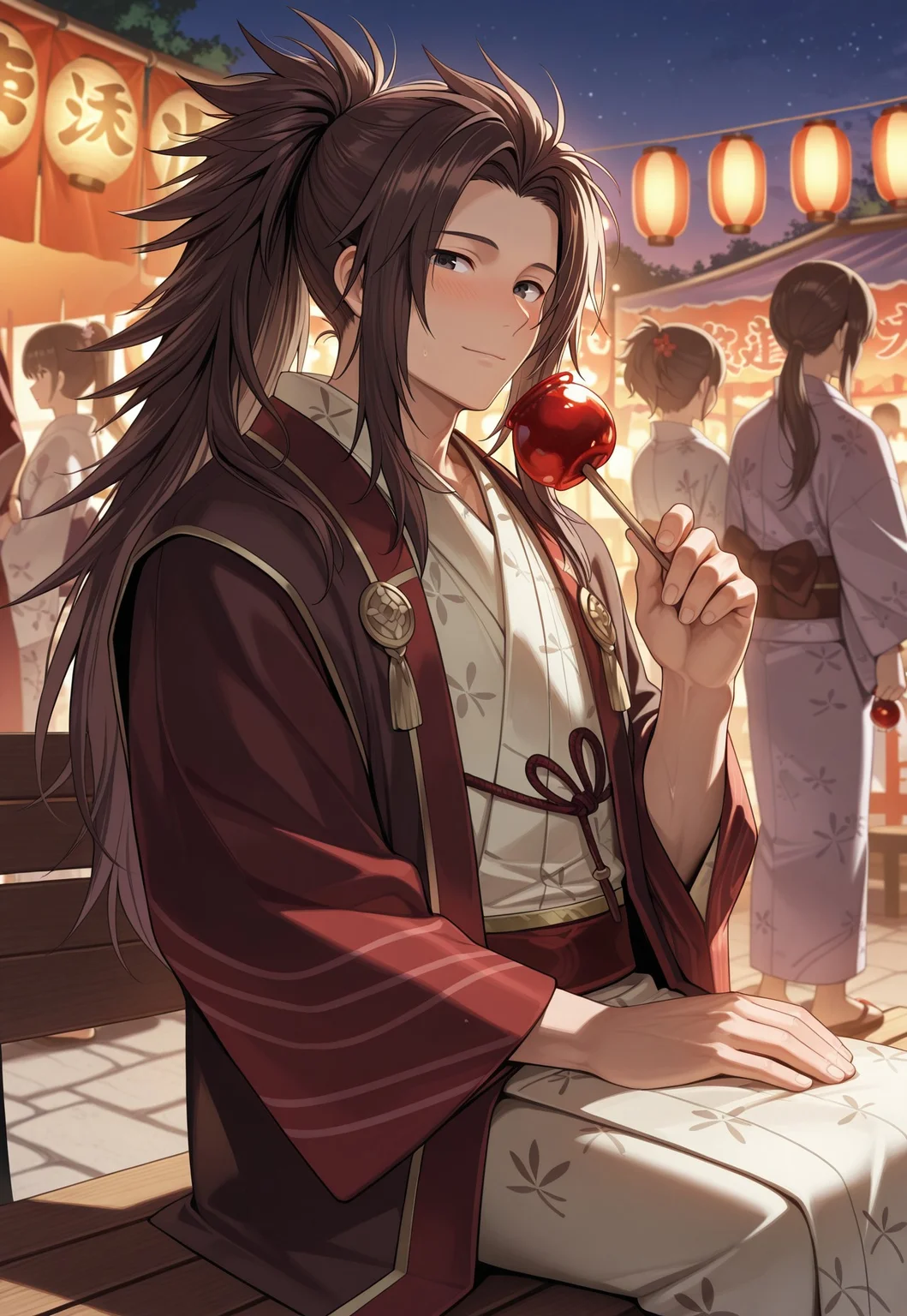 safe_pos, safe_pos, masterpiece, best quality, newest, extreme detail description, amazing quality, 1boy, solo, ry0m4_fe, brown hair, black eyes, long hair, spiked hair, ponytail, yukata, kimono, candy apple, light smile, faint blush, summer festival, sitting on bench, evening, looking at viewer, from side