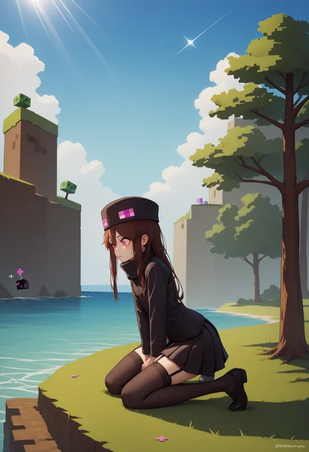 score_9, score_8_up, score_7_up, source_anime, 1girl, Enderman-chan, black jacket, high collar, enderman hat, black skirt, black thighhigh, garter straps, <lora:Enderman_XLPD:1>, outdoors, day, sunlight, tree, minecraft, kneeling, water, sea, ocean, looking down, reflection, confusion, leaning forward, shoes,