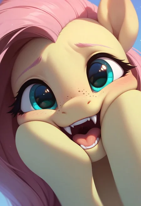score_9, score_8_up, score_7_up,score_6_up, score_5_up, score_4_up, solo, 1 girl, pony, highly detailed macro illustration, Fluttershy smiling, blushing, hands on face, freckles, fangs, close-up on face, intricate details, high resolution, sharp focus, best render quality