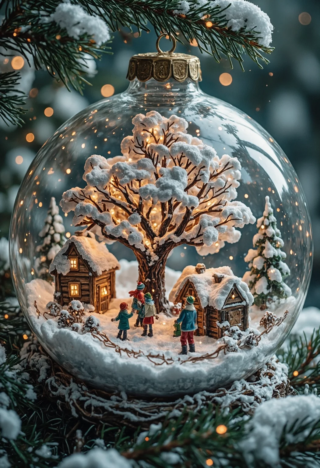 Intricately textured, cinematic, Inside a cozy bauble, a snowy village is illuminated by the soft glow of a winter wonderland. The tree, made of a soft, snowy material, stands tall and proud, its branches reaching towards the sky. A family of four, dressed in festive festive attire, gather around the tree, gazing up at the sky with awe and wonder. The air is filled with the sweet scent of pine needles and the sound of a nearby stream.