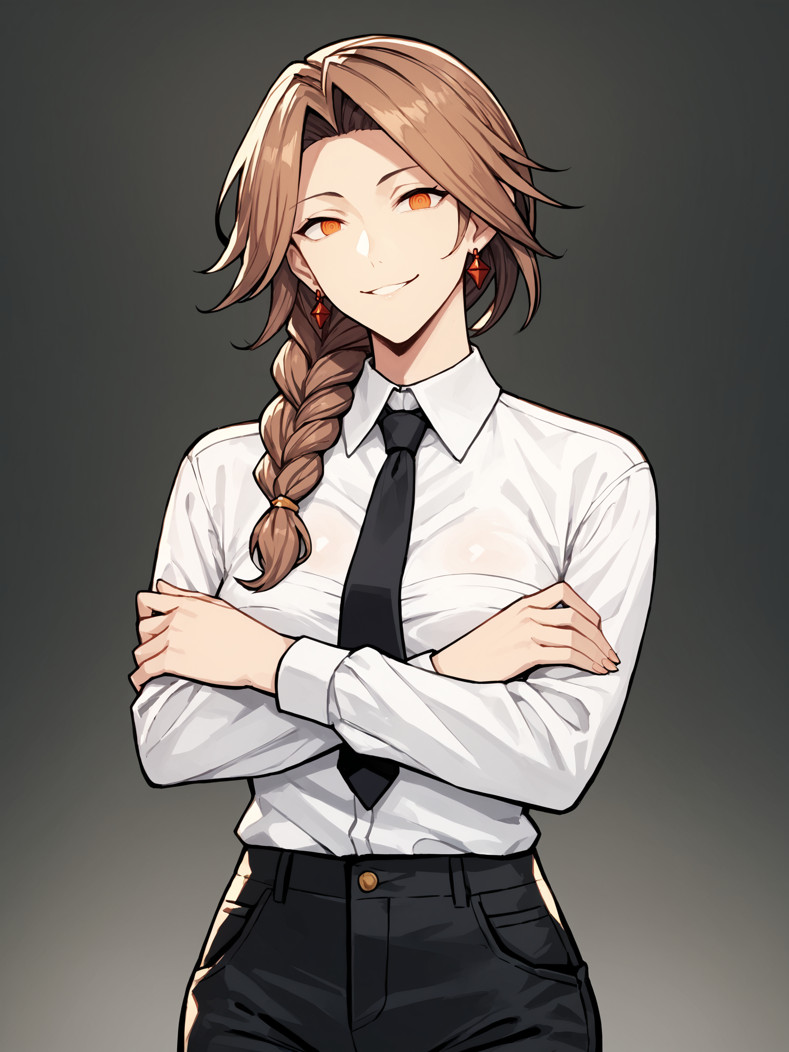 score_9, score_8_up, score_7_up, score_6_up, score_5_up, score_4_up, rating_explicit,
BREAK
1girl, katalina \(granblue fantasy\), brown hair, forehead, parted bangs, single braid, orange eyes, adult, mature, smile, expressionless, horror, ringed eyes,
BREAK
solo, standing, black necktie, white collared shirt, (shirt tucked in:1.1), black pants, crossed arms,
BREAK
black background, simple background, <lora:Lunas-Katalina-Granblue-SDXL-A1:1>