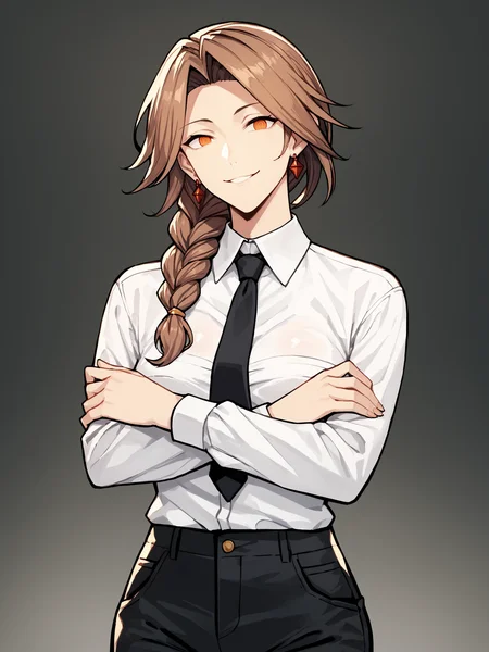 score_9, score_8_up, score_7_up, score_6_up, score_5_up, score_4_up, rating_explicit,
BREAK
1girl, katalina \(granblue fantasy\), brown hair, forehead, parted bangs, single braid, orange eyes, adult, mature, smile, expressionless, horror, ringed eyes,
BREAK
solo, standing, black necktie, white collared shirt, (shirt tucked in:1.1), black pants, crossed arms,
BREAK
black background, simple background, <lora:Lunas-Katalina-Granblue-SDXL-A1:1>