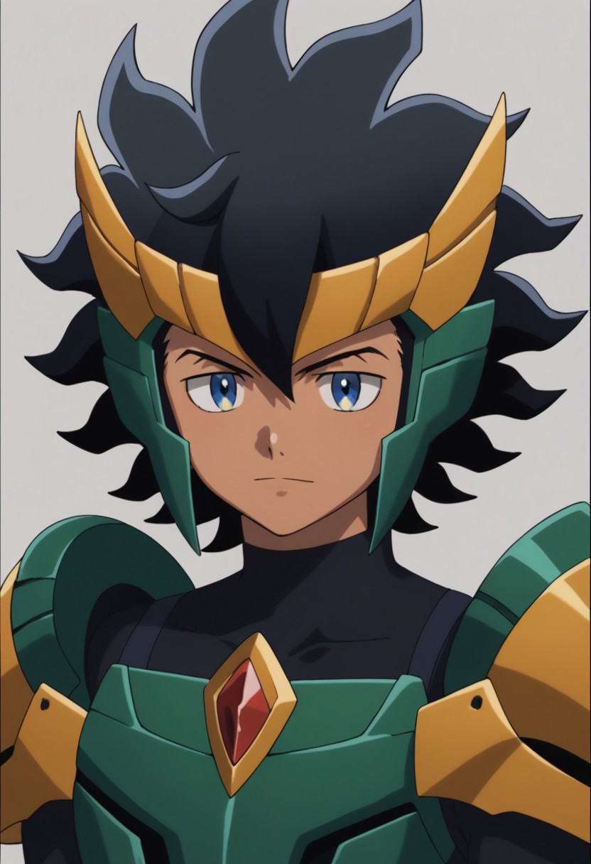 score_9, score_8_up, score_7_up, source_anime, highly detailed, 
kurama, 1boy, male focus, solo, black hair, dark-skinned male, dark skin, upper body, blue eyes, gaist green armor