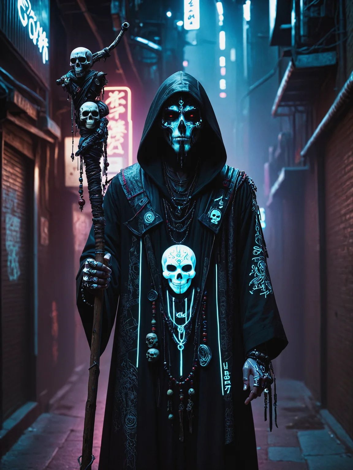 man, cyberpunk, dark alley way, white face paint, staff, skulls, robe, hood, beads, magic, skin, mad-vdprst , night, neon signs, garbage, haze <lora:Neon_Cyberpunk_Voodoo_Mage_SDXL:0.8>, (masterpiece:1.2), best quality