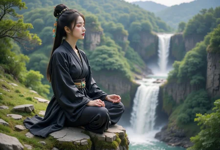 Chinese girl, 1girl, adult, 1qqq, full body view, wei dynasty black hanfu, hill, near waterfall, sitting on a stone, cinematic scene, widescreen, meditating, eyes closed,