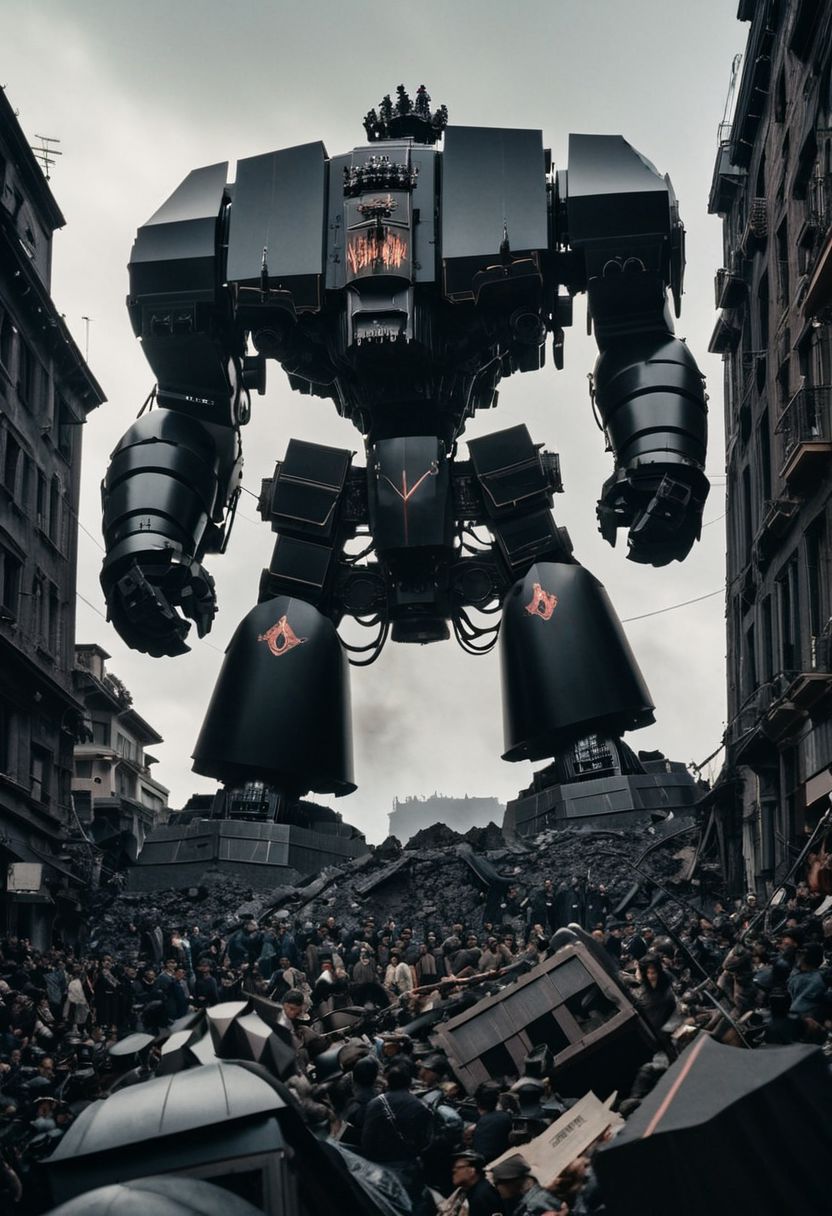 A four-meter tall looming obsidian drdnght machine, captured in a low-angle shot reminiscent of epic heroics, the scene framed through the lens of a vintage 35mm film camera, evoking a sense of timeless valor amidst the chaos of battle.