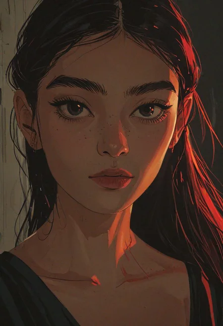 impactful paint of a young greek woman, from the side, looking at viewer, serene satiated expression, natural rim lighting, vibrant colors, reflections in eyes, <lora:The_Pulp_Session:0.8>,
