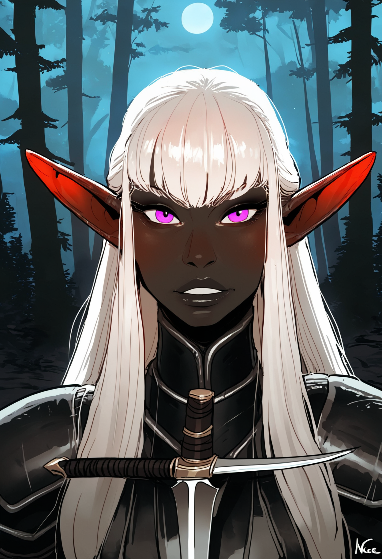 score_9_up, source_ anime, ratatatat74_style, incase_style,opossumachine_style,1girl,  black skin, purple eyes, looking at viewer, white hair, long hair, straigt hair, forest, night, leather armor, dagger, elf hears,