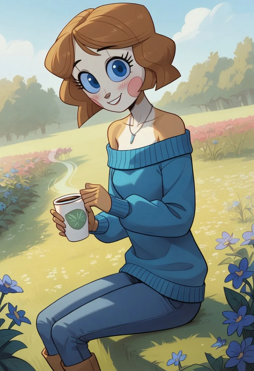 Score_9_up, score_8_up, score_7_up, 1girl, emmytr, blue eyes, solo, beautiful, robot, brown hair, blue sweater, off shoulder, blue jeans, brown fur boots, high heel boots, silver necklace, cute, holding cup of coffee, garden, flower field, blue sky, sitting on grass, look at viewer, close up, cowboy shot, smiling, blushing, side view