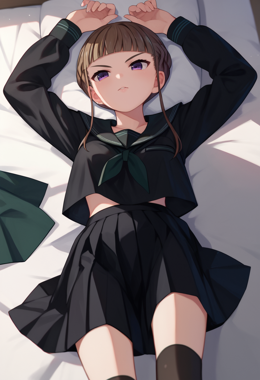 score_9, score_8_up, score_7_up,    Manaka Nemu, braided hair, purple eyes, sidelocks, long sleeves, green necktie, black skirt, black thighhighs, black serafuku, 1girl, on back, bed,  <lora:Nemu Lora 2-000008:1>