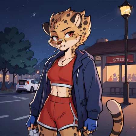 score_9_up, score_8_up, score_7_up, ashBeezii, cheetah, red eyes, furry, spotted fur, fingerless gloves, sports bra, open hoodie, gym shorts, texting, looking at phone, leaning against telephone poll, outdoors, lollipop in mouth, bus stop, night, streetlight, night sky, phone light, gym bag