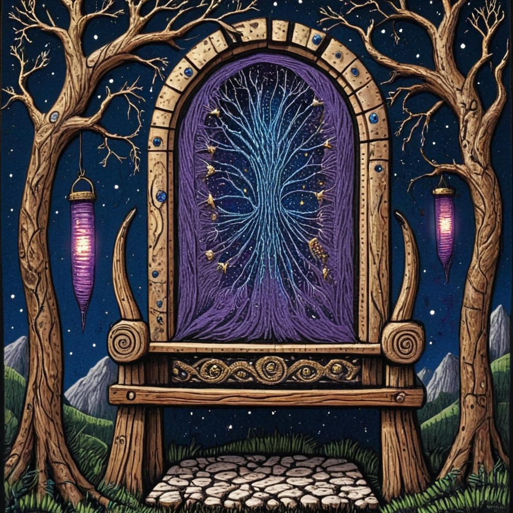 <lora:Neo-Folk_VisionarySDXL:1> ArsMJStyle, Neo-Folk Visionary, Neo-Folk Visionary oil painting, ultra-detailed, a close-up of a celestial weaver seated at a loom inside a hollowed-out ancient tree. Their body is draped in patchwork robes made from repurposed ceremonial fabrics, embroidered with fractal patterns that glow faintly like dying embers. The loom itself is aliveâits wooden frame sprouts fresh leaves and bioluminescent roots, while its threads are spun from lunar silk and frayed copper wires, weaving a tapestry that mirrors the night sky outside. The weaverâs face is obscured by a veil of iridescent moth wings, but their hands, stained with indigo and gold, move deftly, leaving trails of shimmering dust. Behind them, the treeâs interior walls pulse with symbiotic fungi emitting a soft violet haze, illuminating carvings of forgotten deities merging with cosmic serpents. A halo of floating tools orbits their headâscissors shaped like crescent moons, a spindle crackling with static electricity, and a thimble forged from meteorite metal. Outside the treeâs arched opening, a surreal landscape unfolds: fields of wheat fused with glass, stone cairns humming with ancestral voices, and distant mountains crowned with floating islands where lanterns shaped like eyes drift lazily.