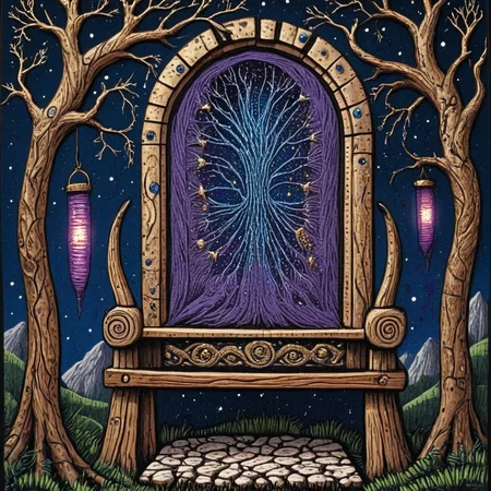 <lora:Neo-Folk_VisionarySDXL:1> ArsMJStyle, Neo-Folk Visionary, Neo-Folk Visionary oil painting, ultra-detailed, a close-up of a celestial weaver seated at a loom inside a hollowed-out ancient tree. Their body is draped in patchwork robes made from repurposed ceremonial fabrics, embroidered with fractal patterns that glow faintly like dying embers. The loom itself is aliveâits wooden frame sprouts fresh leaves and bioluminescent roots, while its threads are spun from lunar silk and frayed copper wires, weaving a tapestry that mirrors the night sky outside. The weaverâs face is obscured by a veil of iridescent moth wings, but their hands, stained with indigo and gold, move deftly, leaving trails of shimmering dust. Behind them, the treeâs interior walls pulse with symbiotic fungi emitting a soft violet haze, illuminating carvings of forgotten deities merging with cosmic serpents. A halo of floating tools orbits their headâscissors shaped like crescent moons, a spindle crackling with static electricity, and a thimble forged from meteorite metal. Outside the treeâs arched opening, a surreal landscape unfolds: fields of wheat fused with glass, stone cairns humming with ancestral voices, and distant mountains crowned with floating islands where lanterns shaped like eyes drift lazily.