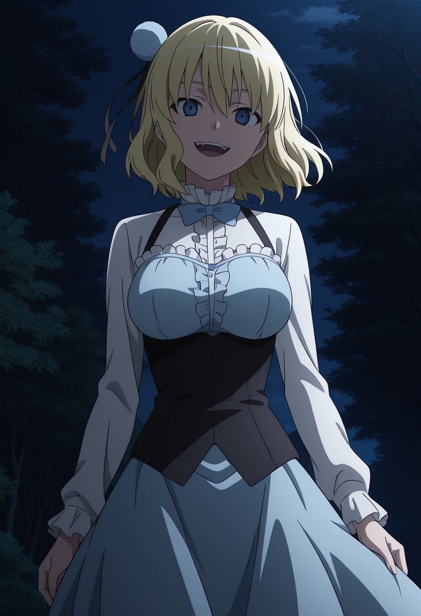 masterpiece, best quality, amazing quality,1girl, solo, BREAK
ari4,blonde hair,short hair, hair ornament, blue eyes,dress,bowtie,
BREAK
,cowboy shot,dark,outdoors, crazy smile