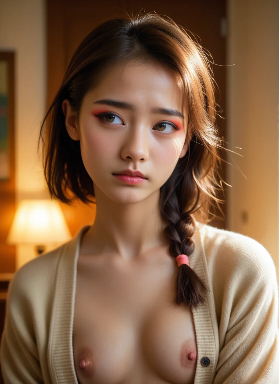 score_9, score_8_up, score_7_up, (realistic:1.20), Korean, 1girl, detailed body, a young woman with (veiny breasts:0.8), thick eyeliner, dramatic lighting, soft light, head tilt, candid, embarrassed, looking away, wearing an open cardigan, uncensored, [Side braid, Ombre hair],, , [peach],, , [Classic headshot pose],