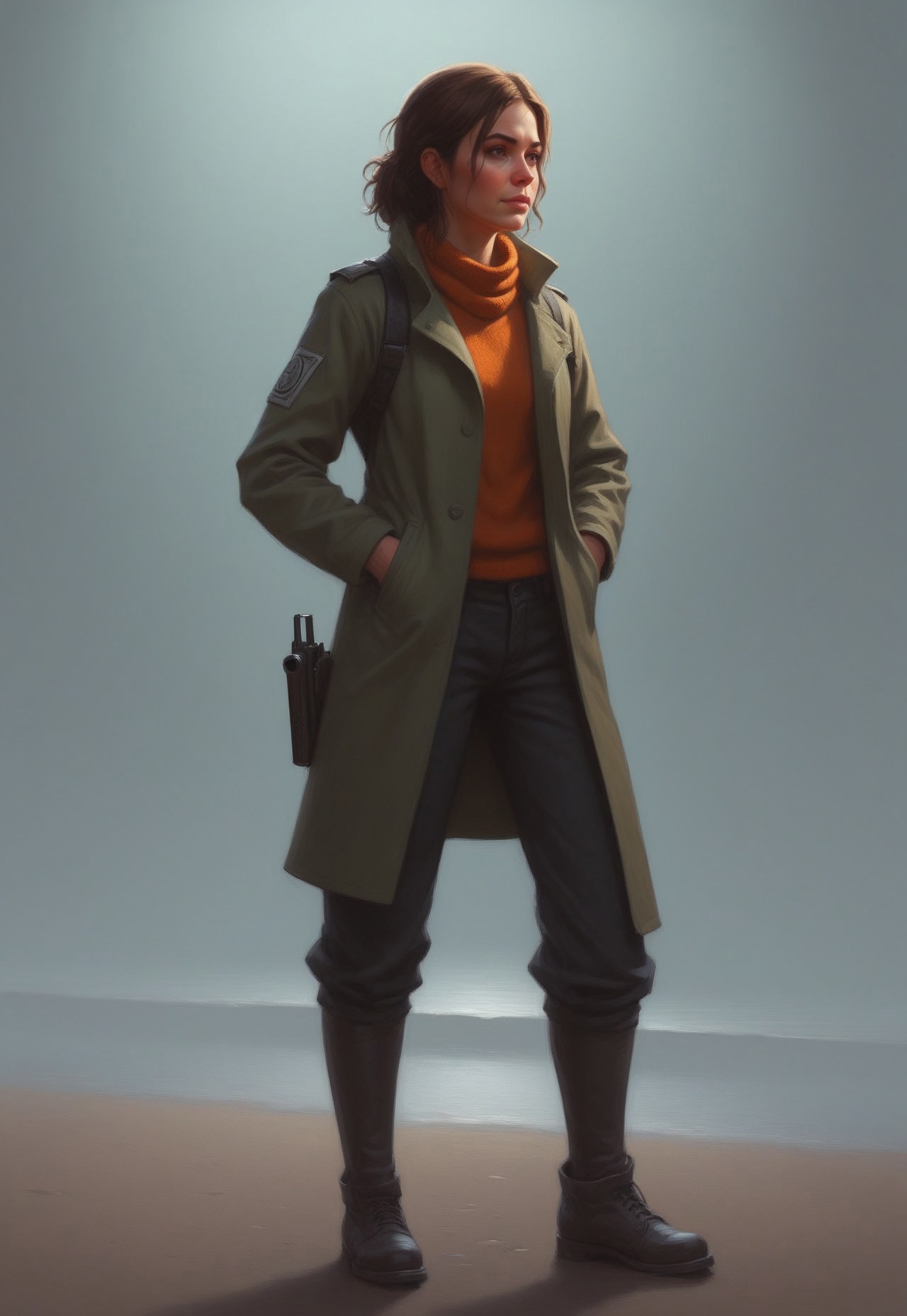 by Ian McQue and Sam Spratt,  <lora:EnvyStudioPortraitXL01:0.35> ,  leu_hanna2, 25 yo, pointing a pistol <lora:pistol:0.60>