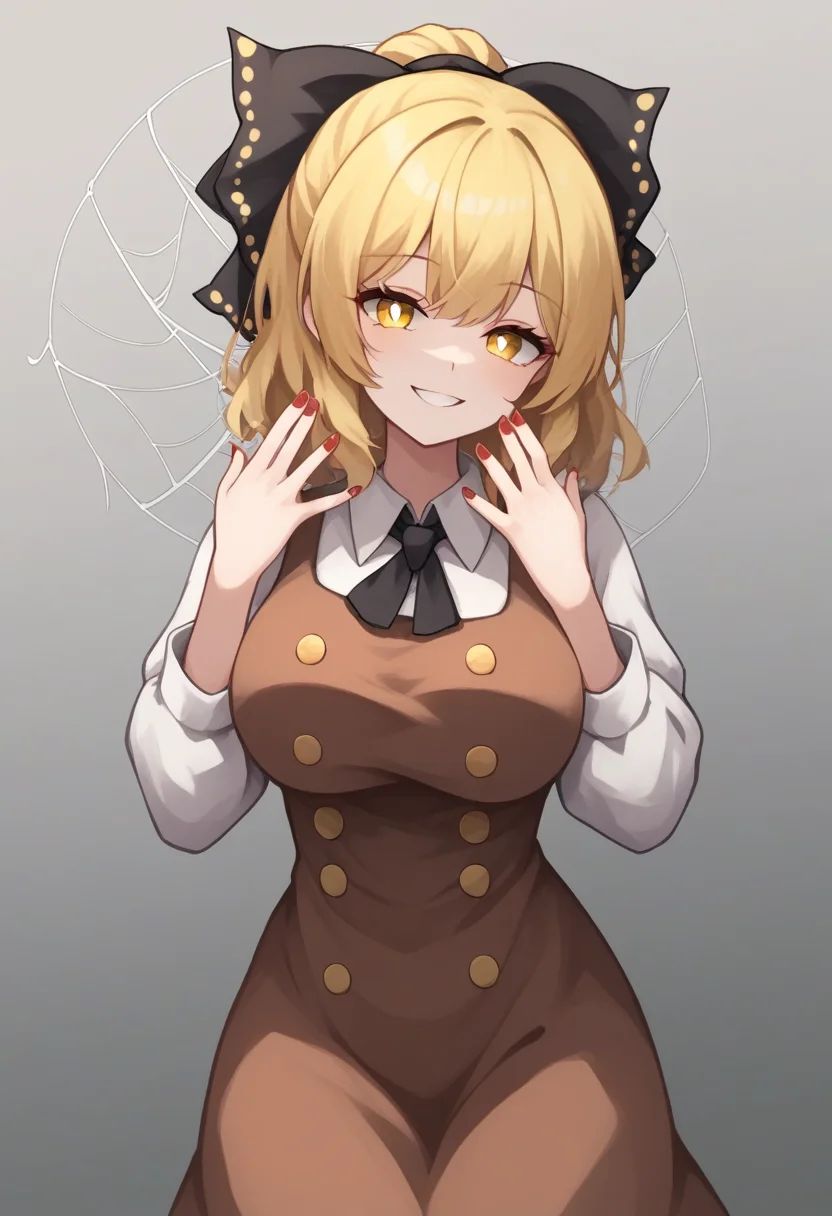 score_9,score_8_up,score_7_up,<lora:touhou_146:1>,1girl, absurdres, black_bow, blonde_hair, bow, breasts, bright_pupils, brown_dress, buttons, commentary, contrapposto, cowboy_shot, dress, grey_background, hair_bow, hands_up, head_tilt, highres, kurodani_yamame, large_breasts, light_blush, looking_at_viewer, medium_hair, nail_polish, parted_lips, red_nails, silk, simple_background, smile, solo, spider_web, symbol-only_commentary, yellow_eyes