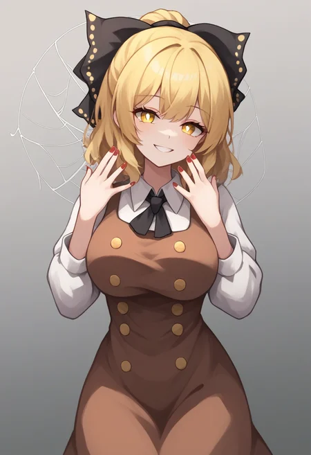 score_9,score_8_up,score_7_up,<lora:touhou_146:1>,1girl, absurdres, black_bow, blonde_hair, bow, breasts, bright_pupils, brown_dress, buttons, commentary, contrapposto, cowboy_shot, dress, grey_background, hair_bow, hands_up, head_tilt, highres, kurodani_yamame, large_breasts, light_blush, looking_at_viewer, medium_hair, nail_polish, parted_lips, red_nails, silk, simple_background, smile, solo, spider_web, symbol-only_commentary, yellow_eyes