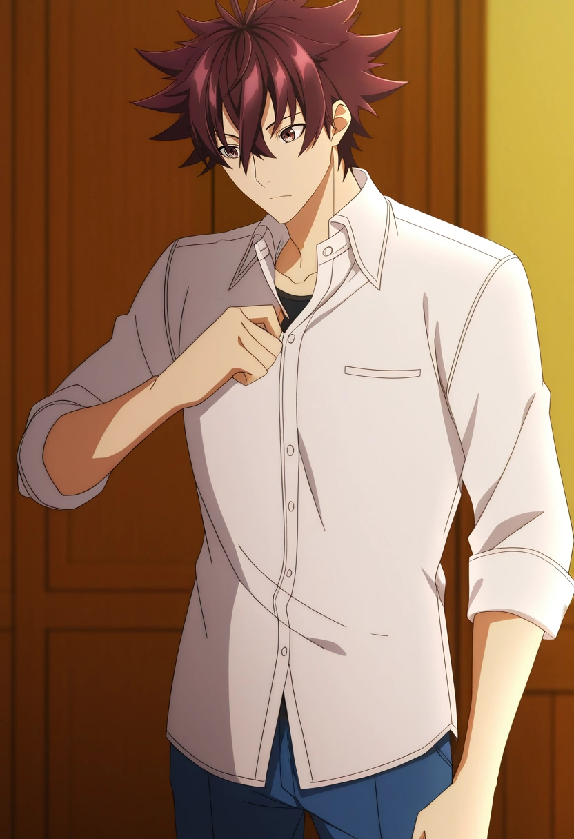 masterpiece, best quality, anime screencap, official style, anime coloring, cowboy shot, 1boy, solo, male focus, <lora:yuuya_tenjou_ilxl:1>, yuuya_tenjou, brown hair, brown eyes, short hair, hair between eyes, spiked hair, bangs, white shirt, collared shirt,